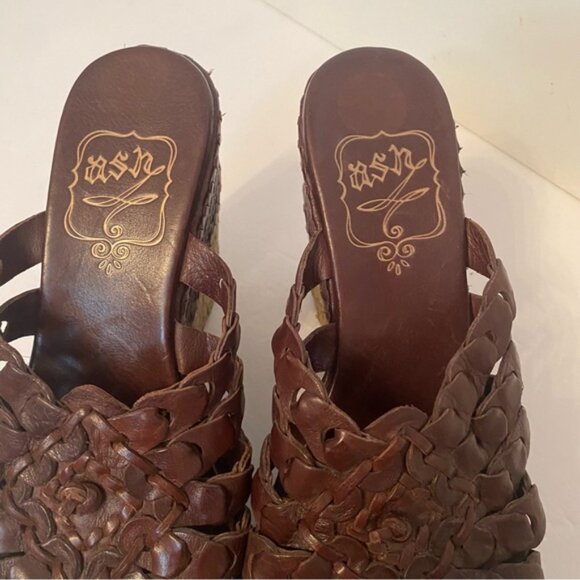 ASH SHOES WEDGE BROWN LEATHER WOVEN BRAID OPEN TOE TAN ROPE SOLES - Picture 6 of 12